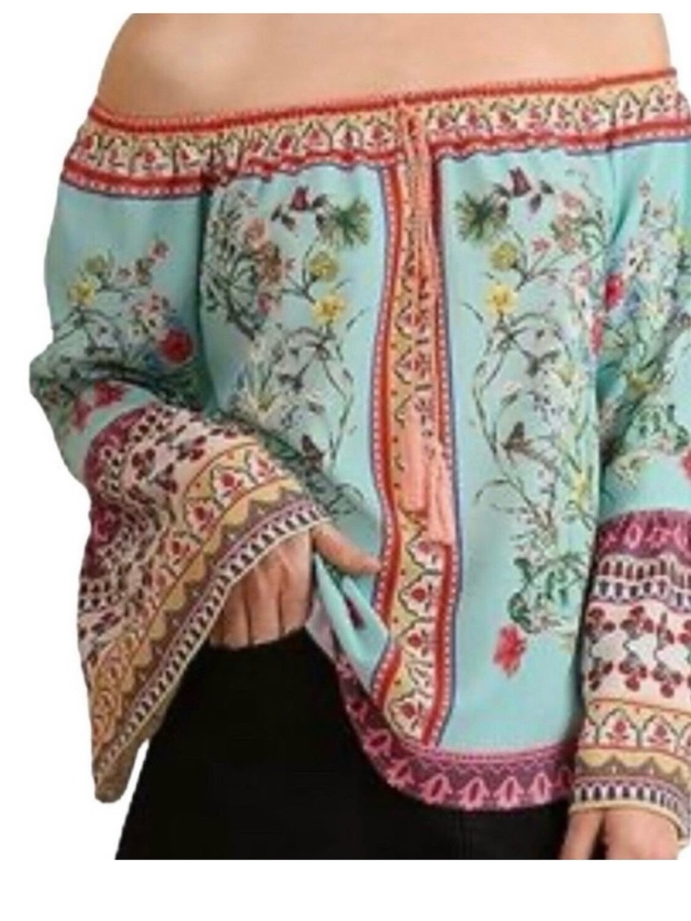Umgee Aqua Floral Off-Shoulder Peasant Blouse with Coral Trim